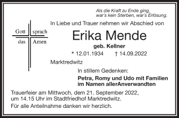 Traueranzeige von Erika Mende von Frankenpost