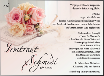 Traueranzeige von Irmtraut Schmidt von Südthüringer Presse