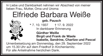 Traueranzeige von Elfriede Barbara Weiße von Frankenpost