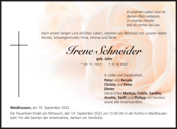 Traueranzeige von Irene Schneider von Neue Presse Coburg