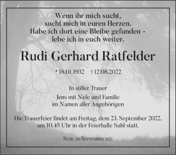 Traueranzeige von Rudi Gerhard Ratfelder von Südthüringer Presse