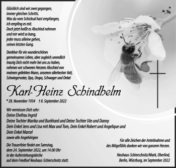 Traueranzeige von Karl-Heinz Schindhelm von Südthüringer Presse