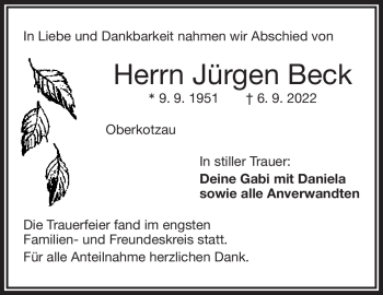 Traueranzeige von Jürgen Beck von Frankenpost
