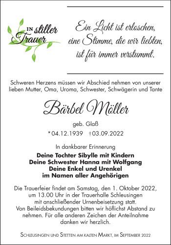 Traueranzeige von Bärbel Möller von Südthüringer Presse