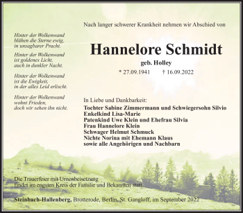 Traueranzeige von Hannelore Schmidt von Südthüringer Presse