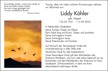 Traueranzeige von Liddy Köhler von Frankenpost