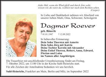 Traueranzeige von Dagmar Roever von Südthüringer Presse