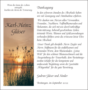 Traueranzeige von Karl-Heinz Gläser von Südthüringer Presse