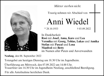 Traueranzeige von Anni Wiedel von Neue Presse Coburg
