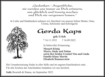 Traueranzeige von Gerda Kaps von Südthüringer Presse