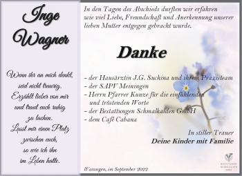 Traueranzeige von Inge Wagner von Südthüringer Presse