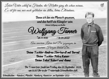 Traueranzeige von Wolfgang Tanner von Südthüringer Presse