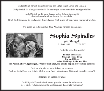 Traueranzeige von Sophia Spindler von Südthüringer Presse