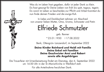 Traueranzeige von Elfriede Schmutzler von Frankenpost