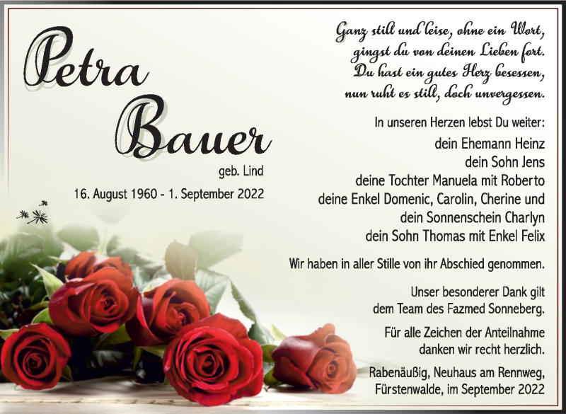  Traueranzeige für Petra Bauer vom 17.09.2022 aus Südthüringer Presse