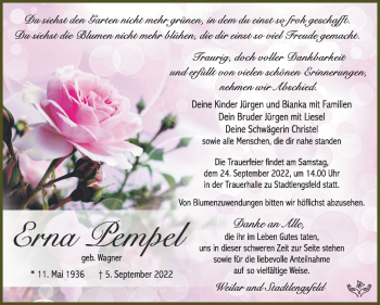 Traueranzeige von Erna Pempel von Südthüringer Presse