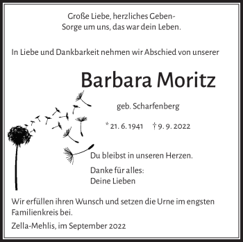 Traueranzeige von Barbara Moritz von Südthüringer Presse
