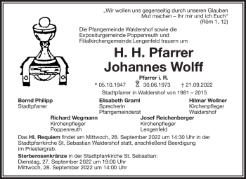 Traueranzeige von Johannes Wolff von Frankenpost