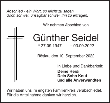 Traueranzeige von Günther Seidel von Frankenpost