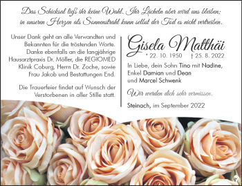 Traueranzeige von Gisela Matthäi von Südthüringer Presse