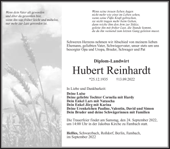 Traueranzeige von Hubert Reinhardt von Südthüringer Presse