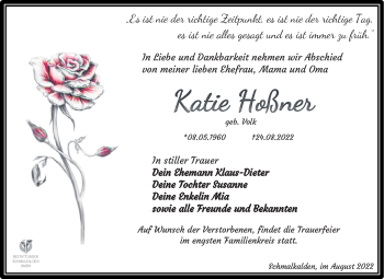 Traueranzeige von Katie Hoßner von Südthüringer Presse