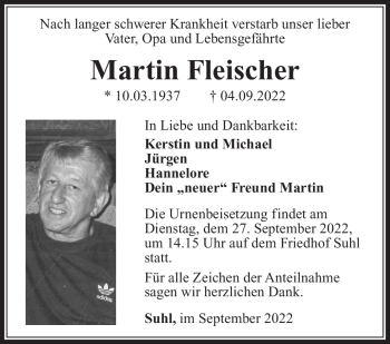 Traueranzeige von Martin Fleischer von Südthüringer Presse