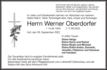Traueranzeige von Werner Oberdorfer von Frankenpost