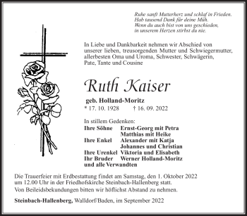 Traueranzeige von Ruth Kaiser von Südthüringer Presse