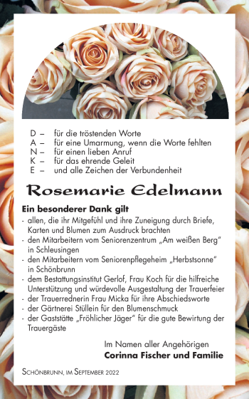 Traueranzeige von Rosemarie Edelmann von Südthüringer Presse