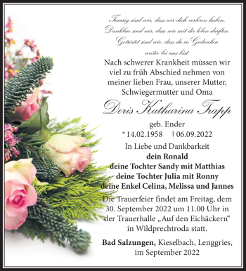 Traueranzeige von Doris Katharina Trapp von Südthüringer Presse