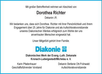 Traueranzeige von Dorothea Richter von Neue Presse Coburg