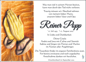 Traueranzeige von Reiner Popp von Südthüringer Presse