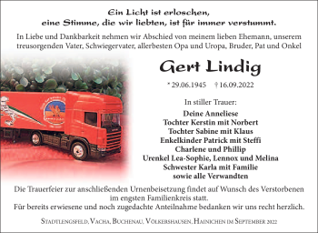 Traueranzeige von Gert Lindig von Südthüringer Presse