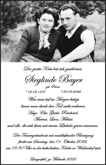 Traueranzeige von Sieglinde Bayer von Frankenpost