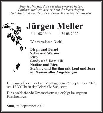 Traueranzeige von Jürgen Meller von Südthüringer Presse