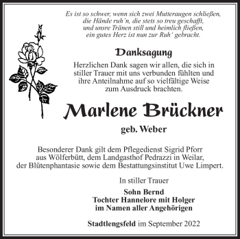 Traueranzeige von Marlene Brückner von Südthüringer Presse