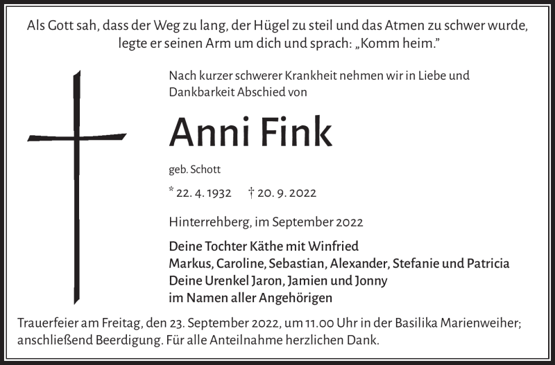  Traueranzeige für Anni Frank vom 22.09.2022 aus Frankenpost