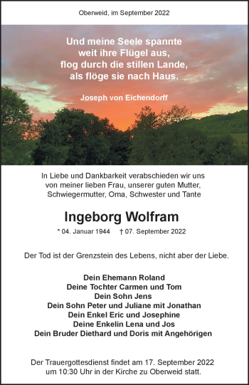 Traueranzeige von Ingeborg Wolfram von Südthüringer Presse