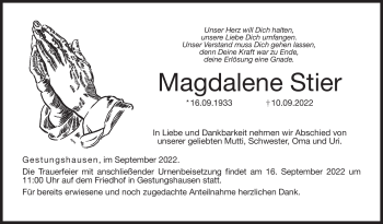 Traueranzeige von Magdalene Stier von Neue Presse Coburg