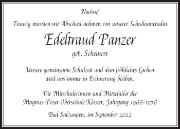 Traueranzeige von Edeltraud Panzer von Südthüringer Presse