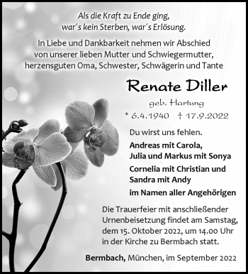 Traueranzeige von Renate Diller von Südthüringer Presse