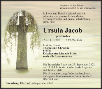Traueranzeige von Ursula Schmidt von Südthüringer Presse