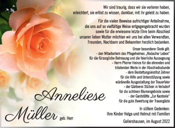 Traueranzeige von Anneliese Müller von Südthüringer Presse