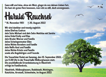 Traueranzeige von Harald Reuchsel von Südthüringer Presse