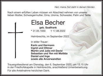 Traueranzeige von Elsa Becher von Frankenpost