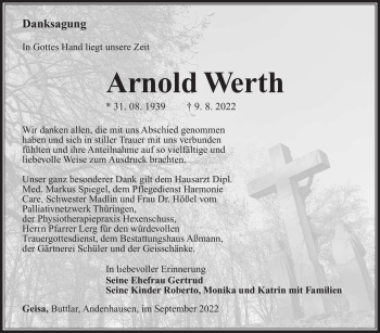 Traueranzeige von Arnold Werth von Südthüringer Presse
