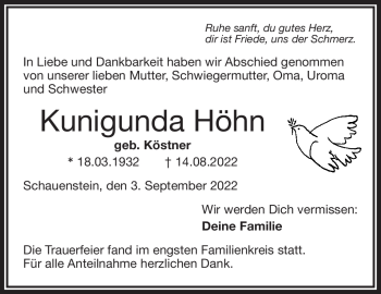 Traueranzeige von Kunigunda Höhn von Frankenpost