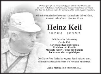 Traueranzeige von Heinz Keil von Südthüringer Presse