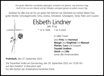 Traueranzeige von Elsbeth Lindner von Neue Presse Coburg